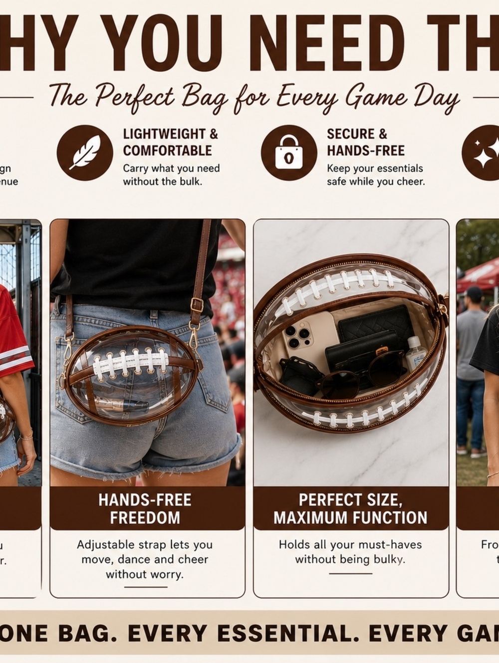 Football-Shaped Clear Crossbody Bag Stadium Approved Brown Purse - Picture 11 of 13